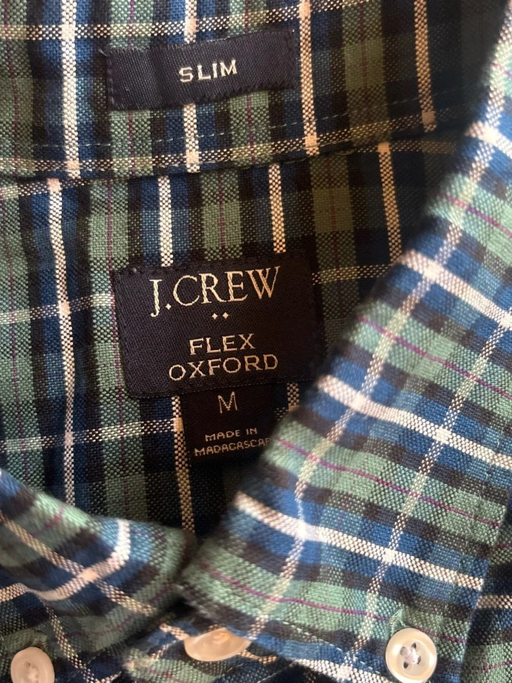 J Crew Shirt Men Medium Green Plaid Flex Oxford Slim Fit Long Sleeve Preppy